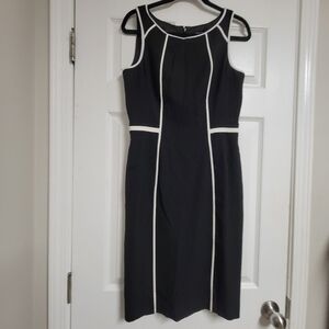 NWT White House Black Market Black Midi Sheath Dress With White Piping Size 6.